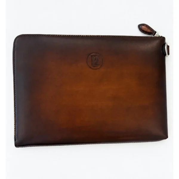 Luxury Handmade Genuine Leather Clutch Bag in Rich Brown with Arabic and English Calligraphy – Designer-Inspired Portfolio Bag