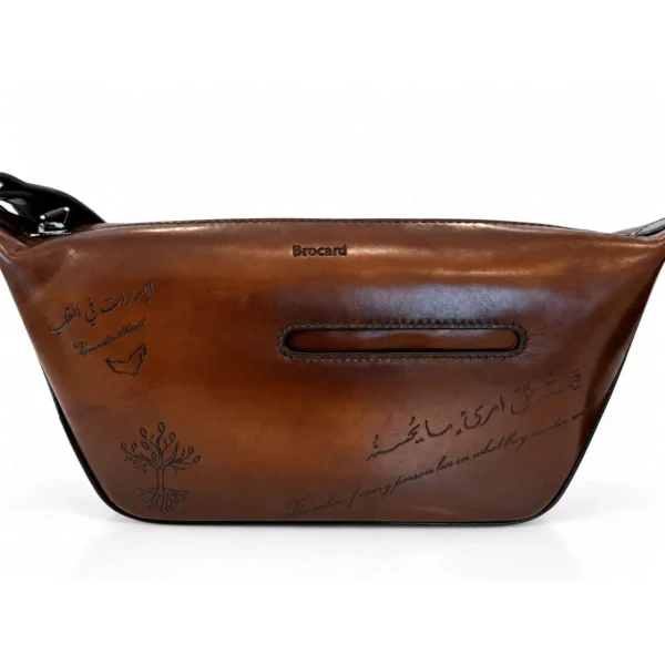 Luxury Handmade Genuine Leather Messenger Bag in Rich Brown with Arabic and English Calligraphy – Designer-Inspired Crossbody Bag